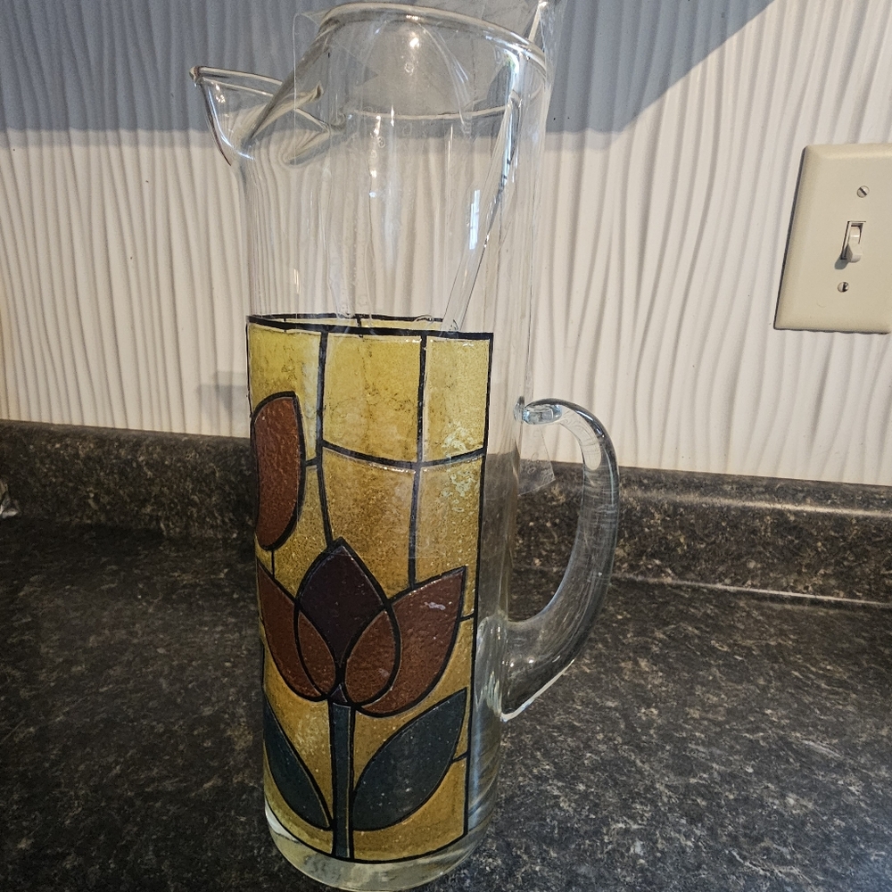 Vintage MCM West Virginia Stained Glass Tulip Pitcher w/ Spout, Stirrer Lemonade